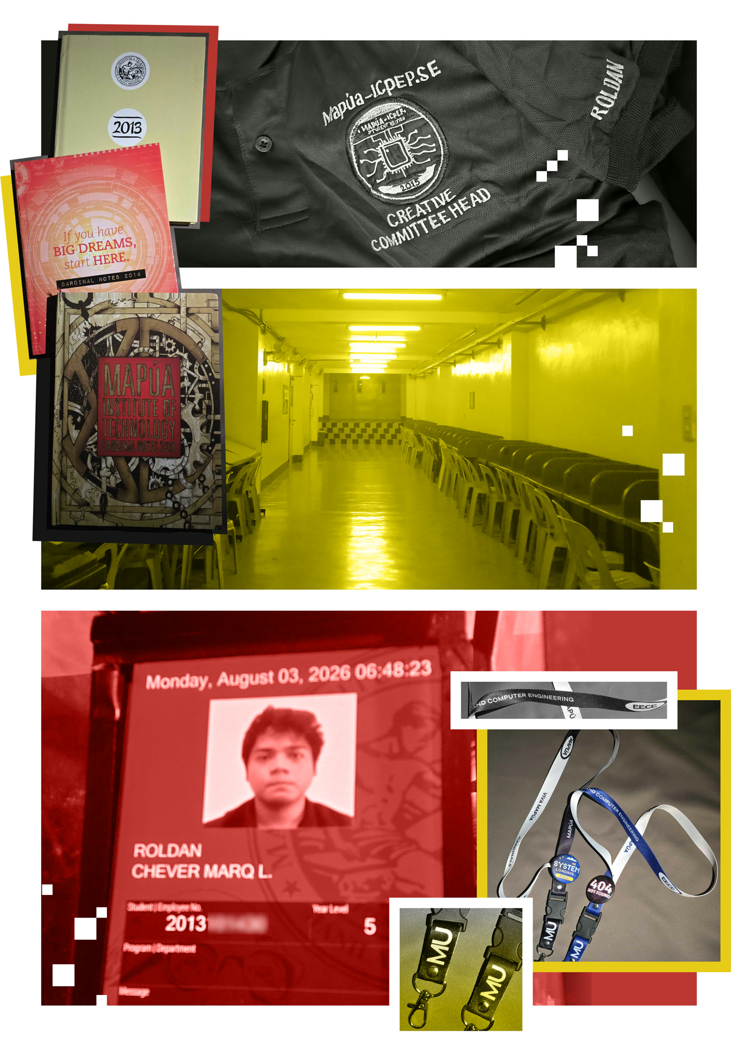 Mapúan journey collage: Cardinal Notes from 2013–2015, a Creative Committee Head shirt, a yellow Computer Engineering hallway, the first-day-back tap-out screen and school lanyards.